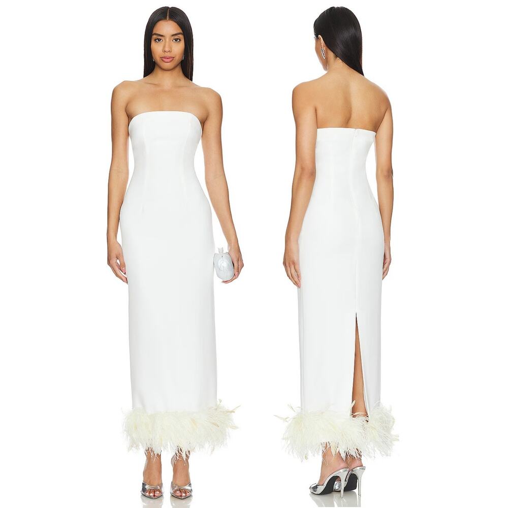 MISCREANTS Frannie Strapless Midi Dress Feather Party Cocktail Bridal Formal 10